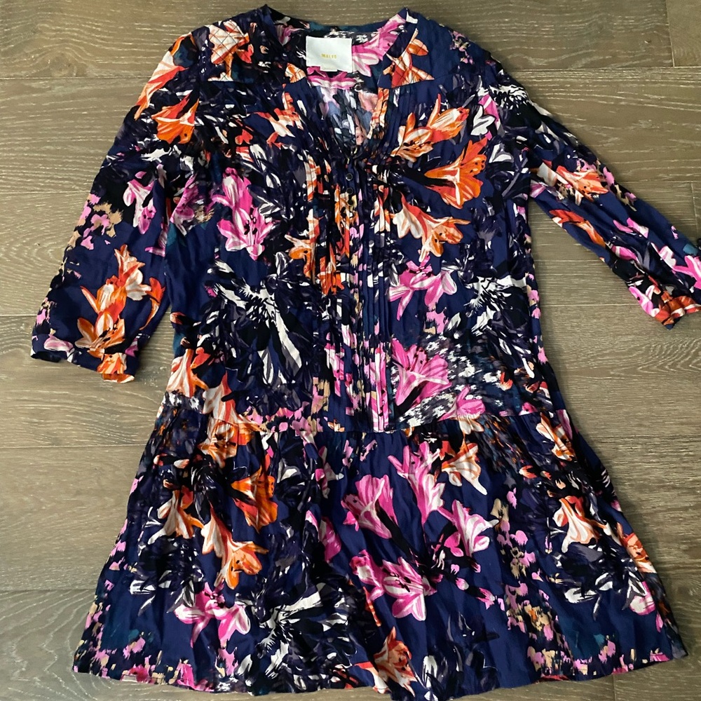 NWOT Anthropologie Maeve Floral Tunic Mini Dress Detail Tiered Buttons Texture S